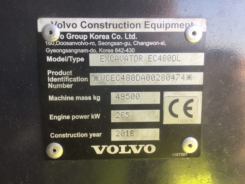 2016 Volvo EC480DL Tracked Excavator